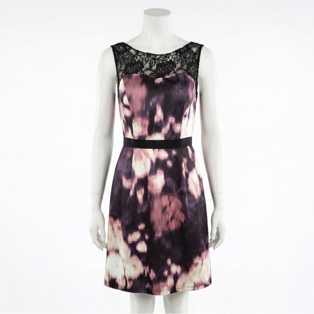 Lovely By Adrianna Papell Lace Yoke Watercolor Fit Flare Dress Size 4 Chic Party